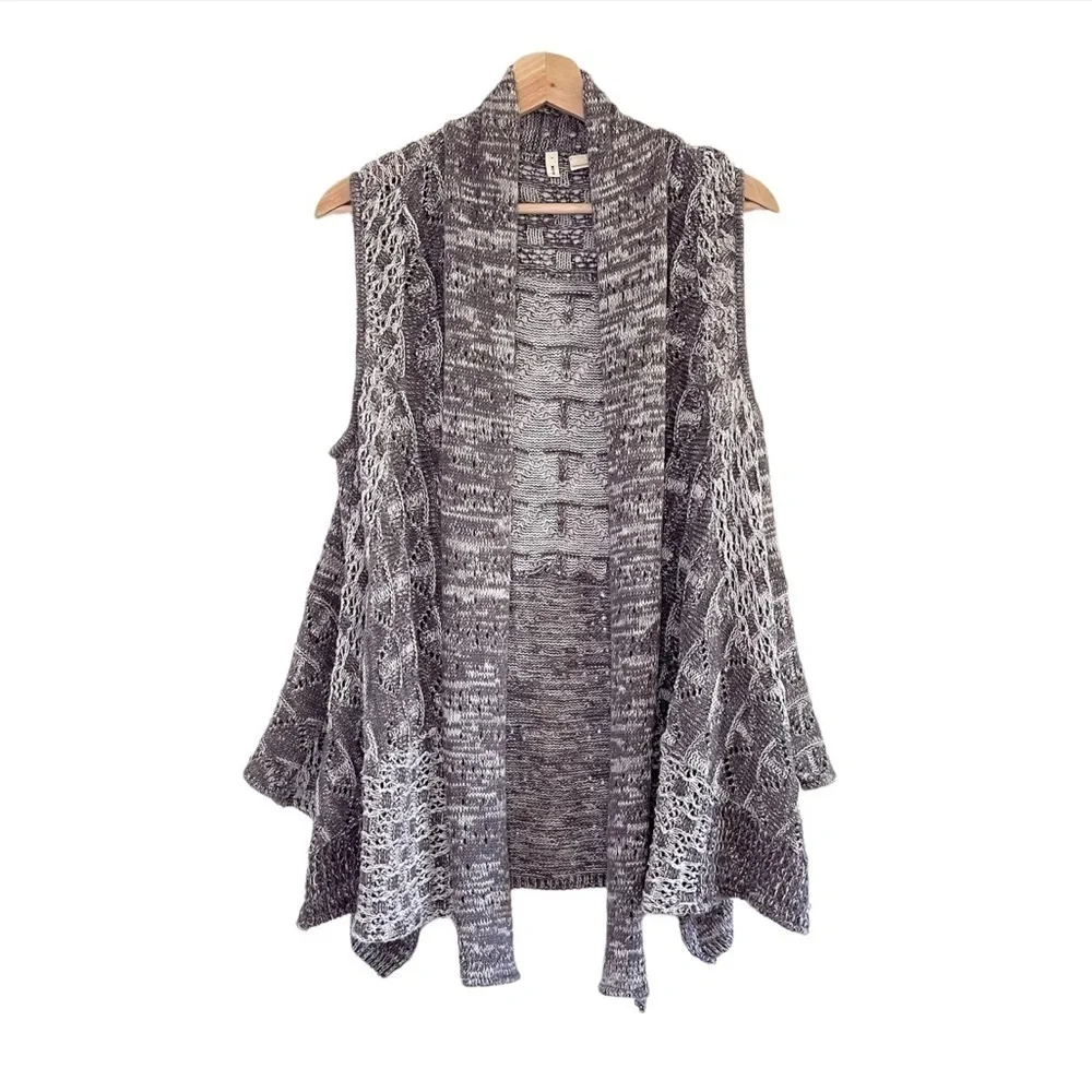 Anthropologie Moth Lavena Pointelle Draped Open Front Cardigan Sweater Vest Grey